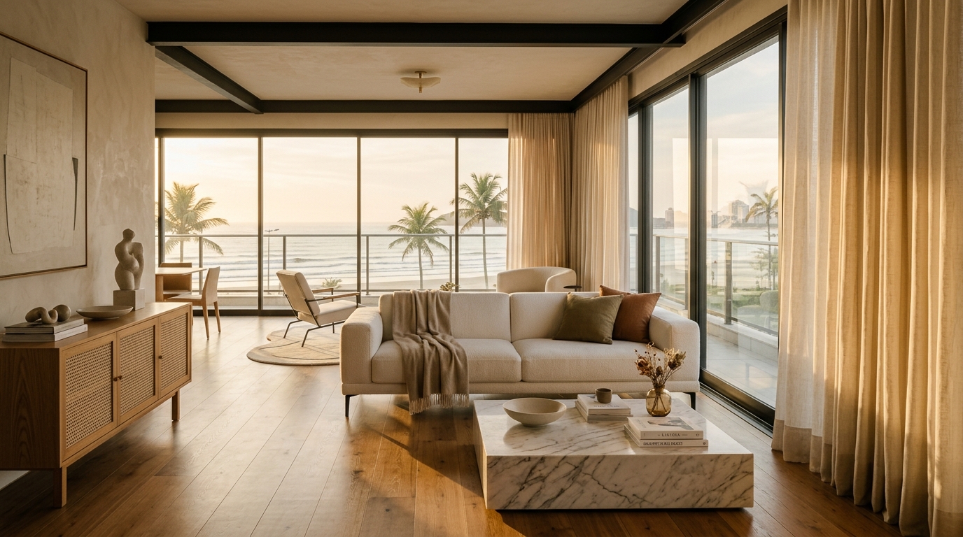 Living contemporâneo com cortinas fluidas e vista para a orla de Santos decorado pela Oficina Decor